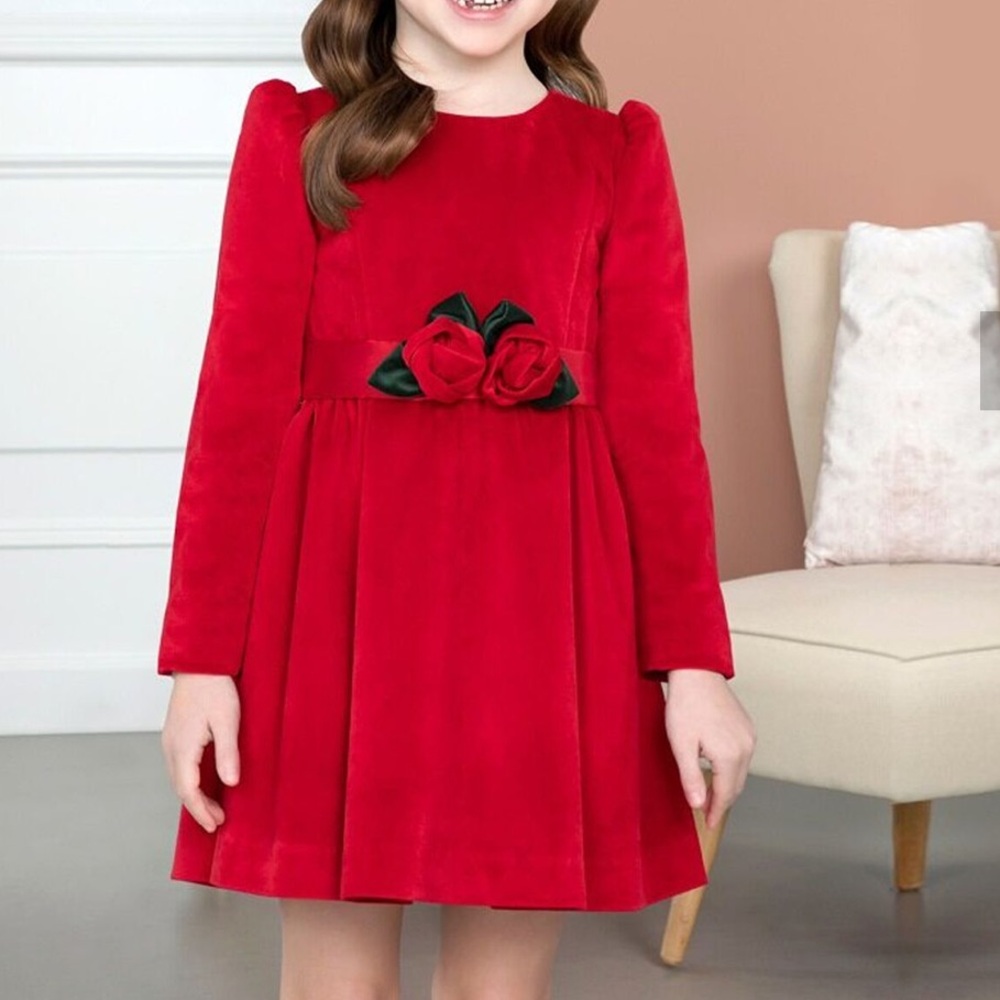 Abel & Lula Red Girls Red Velvet with Roses Long Sleeve Formal Dress Size 12